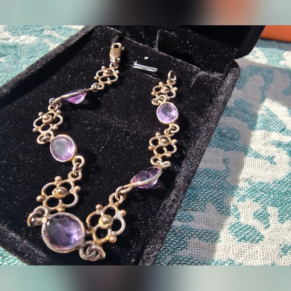 Vintage Amethyst Filigree Flower Antiqued Gold Chain Bracelet